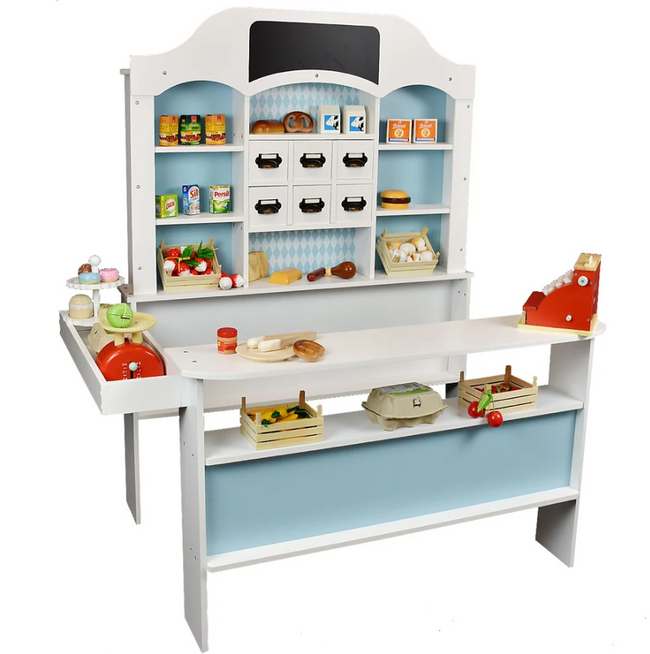 Kinder Kaufladen aus Holz mit Kreidetafel, Kasse und Waage